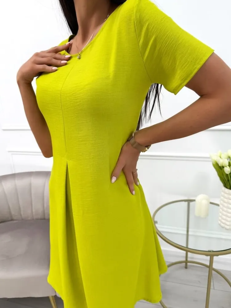 Limonkowa Sukienka z Kieszeniami 13707-103-L|Modna Kiecka Outlet