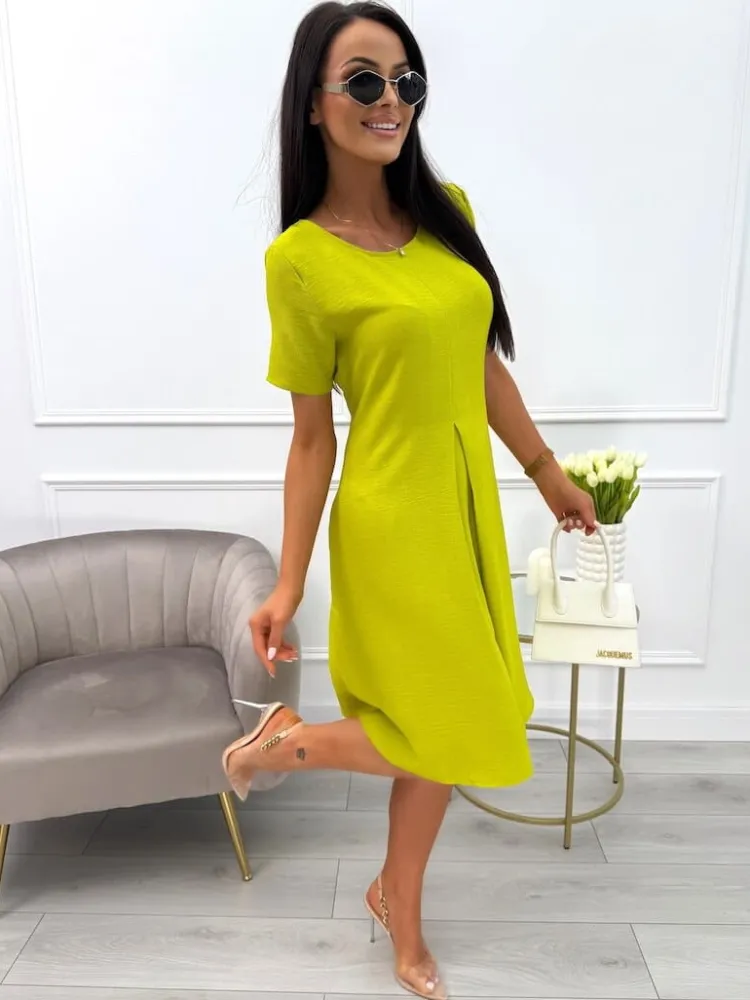 Limonkowa Sukienka z Kieszeniami 13707-103-L|Modna Kiecka Outlet
