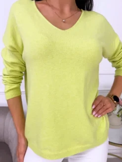 Limonkowy Sweterek  z Dekoltem V 13538-235-C|Modna Kiecka Discount
