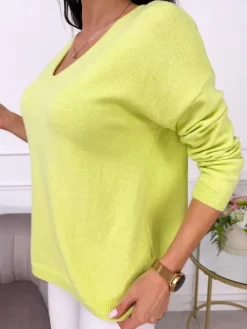 Limonkowy Sweterek  z Dekoltem V 13538-235-C|Modna Kiecka Discount