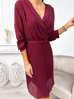 Śliwkowa Sukienka z Plisowanym Dołem 7029-415C-H|Modna Kiecka Discount