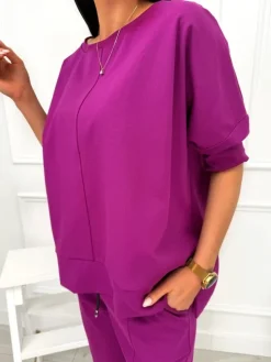 Śliwkowy Komplet Bluza Oversize + Spodnie 12784-104-H|Modna Kiecka Clearance