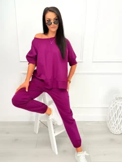 Śliwkowy Komplet Bluza Oversize + Spodnie 12784-104-H|Modna Kiecka Clearance