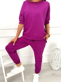 Śliwkowy Komplet Bluza Oversize + Spodnie 12784-104-H|Modna Kiecka Clearance