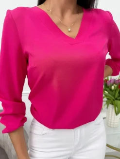 Malinowa Bluzka z Dekoltem V 10641-181-F|Modna Kiecka Fashion