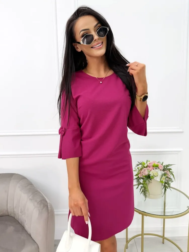 Malinowa Sukienka z Ozdobnym Rękawkiem 11420-504-H|Modna Kiecka Outlet