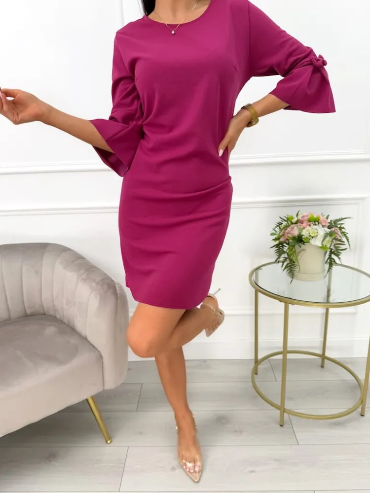 Malinowa Sukienka z Ozdobnym Rękawkiem 11420-504-H|Modna Kiecka Outlet