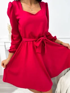 Malinowa Sukienka z Paskiem 11376-300-C|Modna Kiecka Outlet
