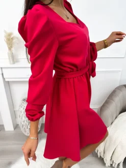 Malinowa Sukienka z Paskiem 11376-300-C|Modna Kiecka Outlet