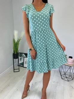Miętowa Sukienka w Grochy 11736-354-A|Modna Kiecka Hot