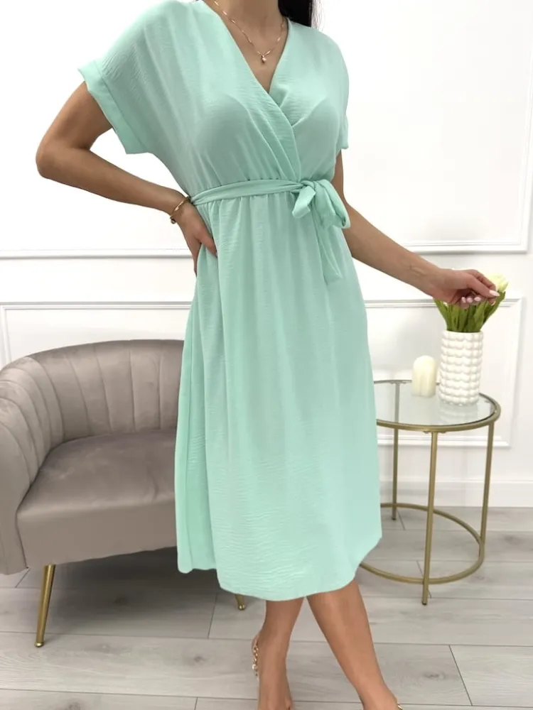Miętowa Sukienka z Paskiem 11929-175-D|Modna Kiecka Discount