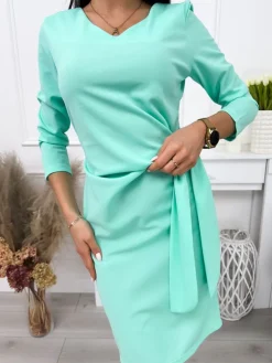 Miętowa Sukienka z Wiązaniem 11339-300-F|Modna Kiecka Discount