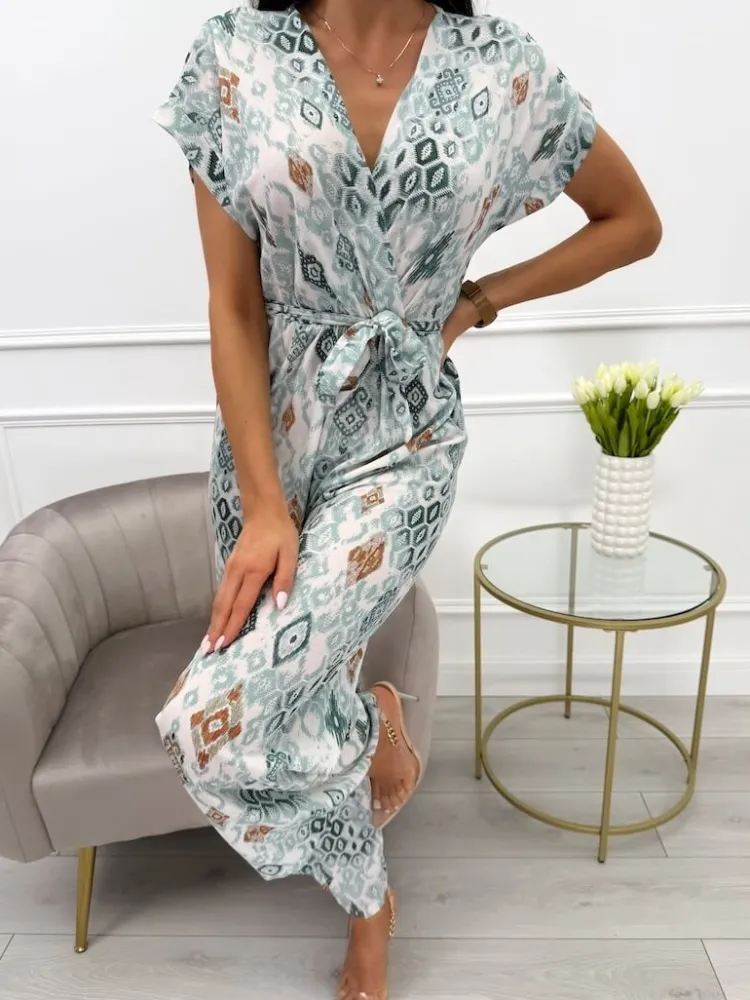 Miętowo-Kremowy Kombinezon z Paskiem 13867-502-A|Modna Kiecka Fashion