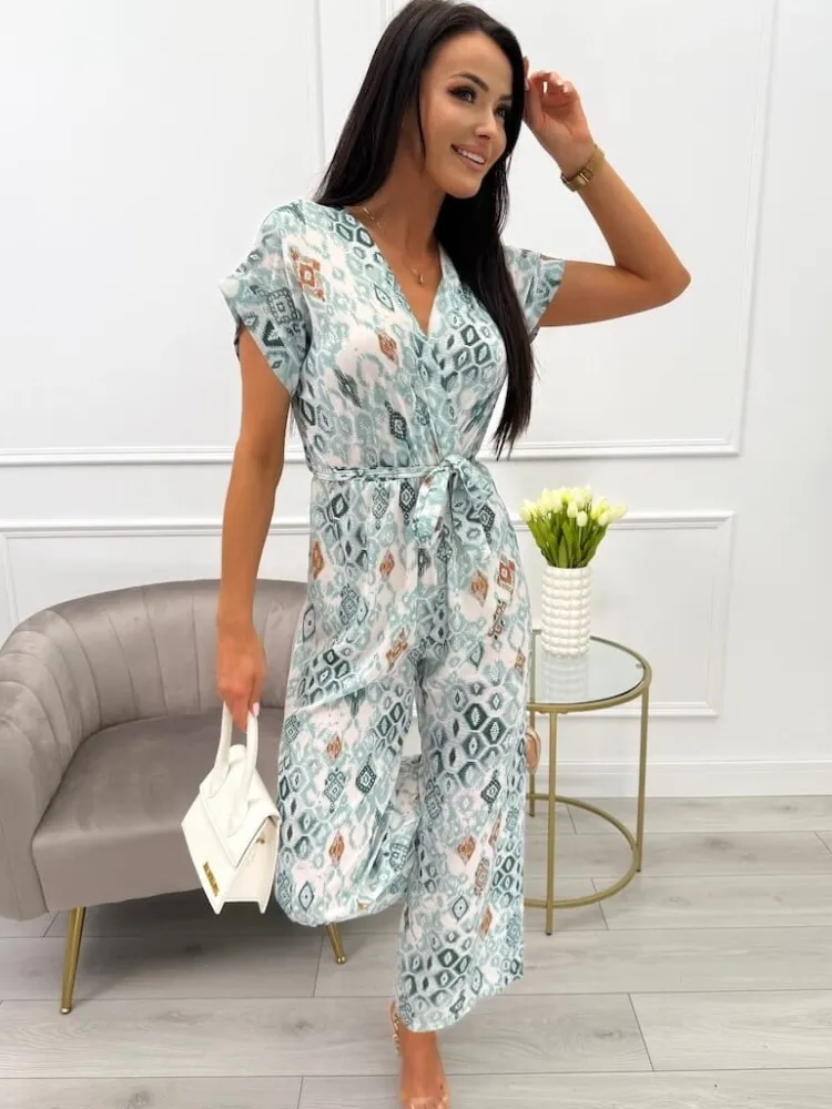 Miętowo-Kremowy Kombinezon z Paskiem 13867-502-A|Modna Kiecka Fashion
