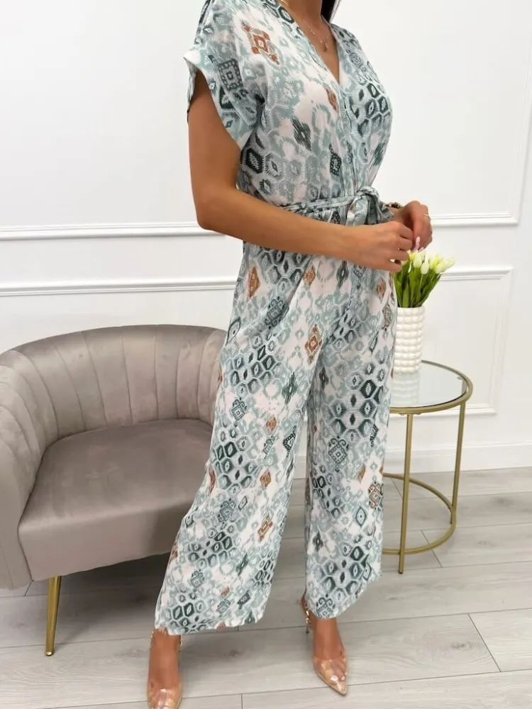 Miętowo-Kremowy Kombinezon z Paskiem 13867-502-A|Modna Kiecka Fashion