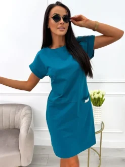 Morska Sportowa Sukienka z Kieszeniami 11826-183-I|Modna Kiecka New
