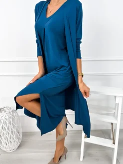 Morski Komplet Sukienka + Kardigan 12877-101-F|Modna Kiecka Fashion