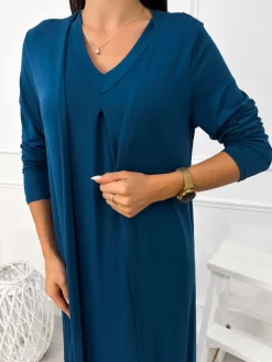 Morski Komplet Sukienka + Kardigan 12877-101-F|Modna Kiecka Fashion