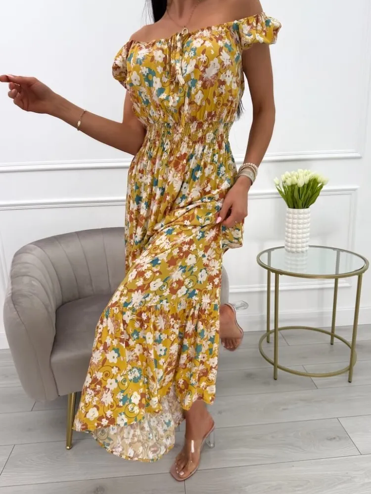 Musztardowa Sukienka Maxi z Motywem Roślinnym 13925-212-D|Modna Kiecka Discount