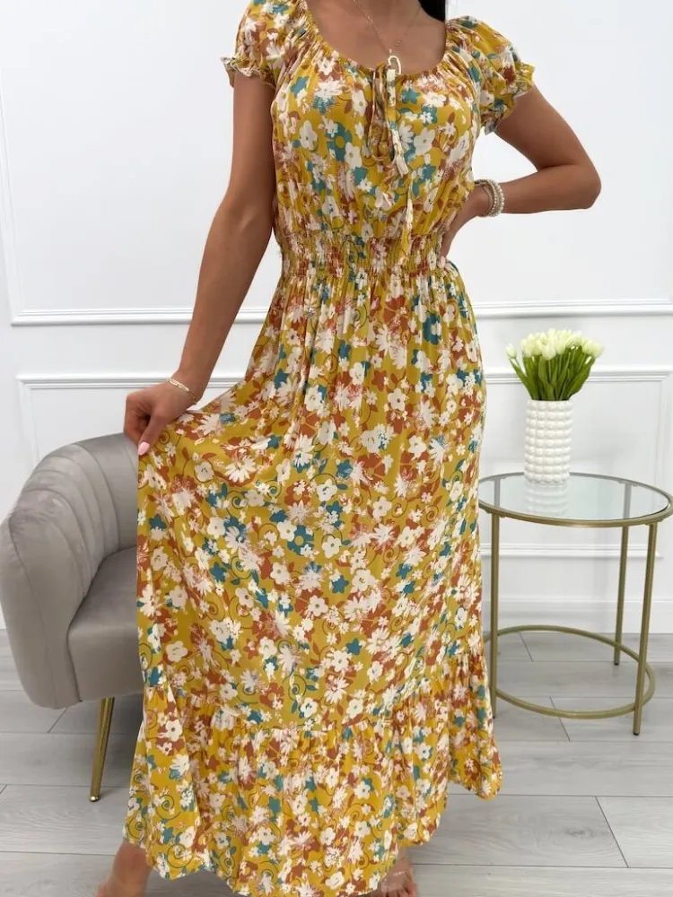 Musztardowa Sukienka Maxi z Motywem Roślinnym 13925-212-D|Modna Kiecka Discount