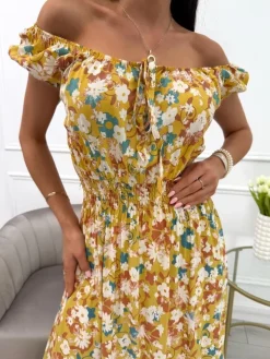 Musztardowa Sukienka Maxi z Motywem Roślinnym 13925-212-D|Modna Kiecka Discount