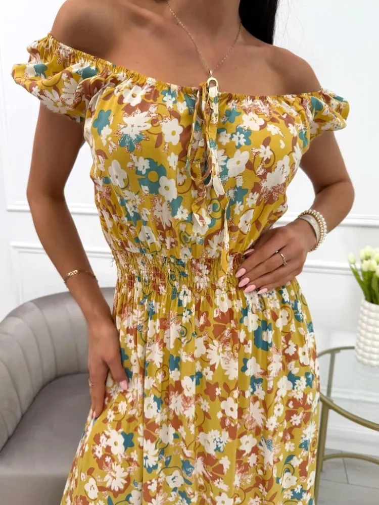 Musztardowa Sukienka Maxi z Motywem Roślinnym 13925-212-D|Modna Kiecka Discount