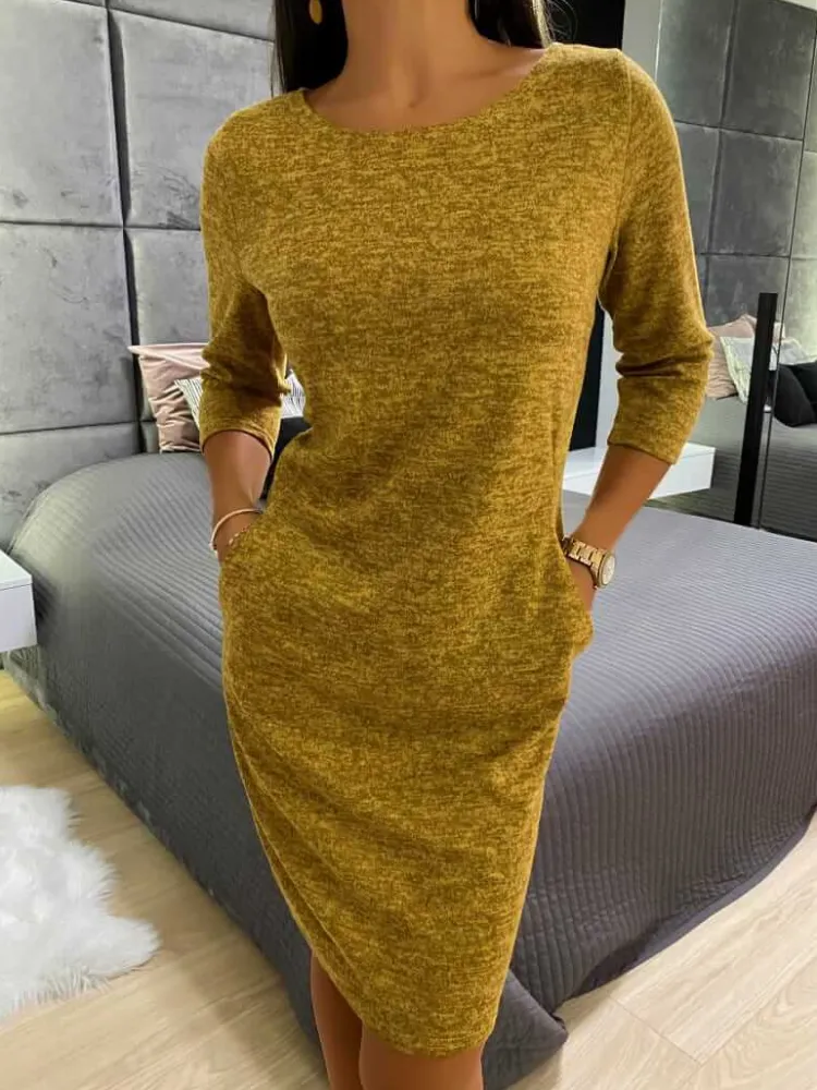 Musztardowa Sukienka z Kieszeniami 12753-58-F|Modna Kiecka Clearance