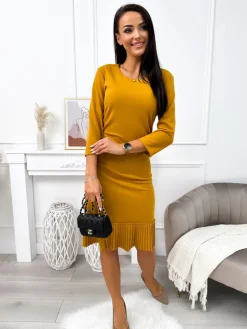 Musztardowa Sukienka z Plisowaną Falbanką 11644-108-H|Modna Kiecka Sale