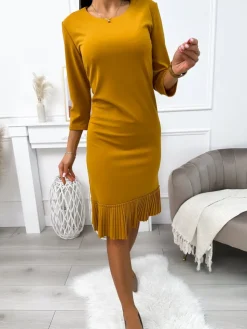 Musztardowa Sukienka z Plisowaną Falbanką 11644-108-H|Modna Kiecka Sale