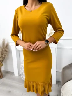 Musztardowa Sukienka z Plisowaną Falbanką 11644-108-H|Modna Kiecka Sale