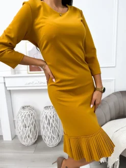 Musztardowa Sukienka z Plisowaną Falbanką 11644-108-H|Modna Kiecka Sale