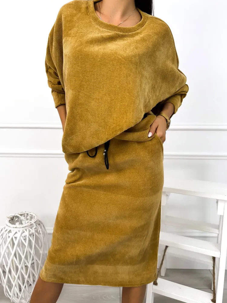 Musztardowy Komplet Bluza + Spódnica 12836-302-I|Modna Kiecka Online