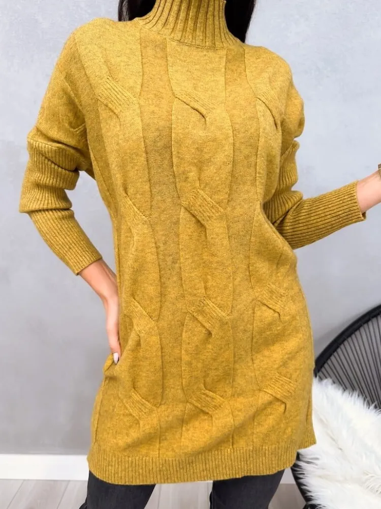 Musztardowy Sweter Oversize z Półgolfem 13095-209-E|Modna Kiecka Hot