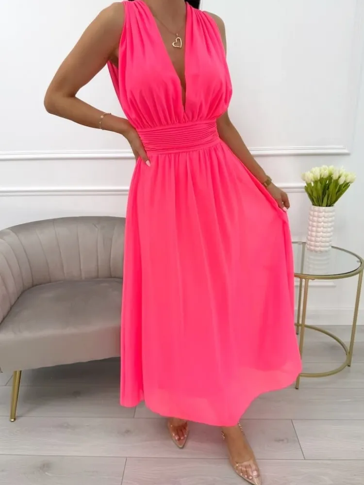 Neonowo-Koralowa Sukienka Maxi 13877-532-A|Modna Kiecka Sale