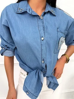 Niebieska Jeansowa Koszula z Naszywką 13497-49-Q|Modna Kiecka Sale