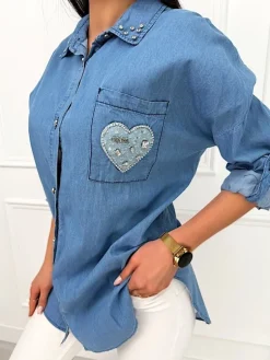 Niebieska Jeansowa Koszula z Naszywką 13497-49-Q|Modna Kiecka Sale