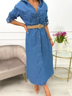 Niebieska Jeansowa Sukienka z Paskiem 13636-514-B|Modna Kiecka Discount