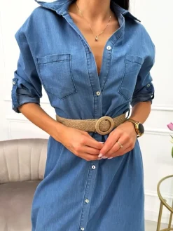 Niebieska Jeansowa Sukienka z Paskiem 13636-514-B|Modna Kiecka Discount