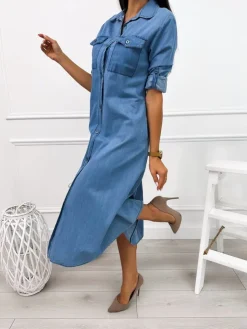 Niebieska Jeansowa Sukienka Maxi 12680-226-B|Modna Kiecka Fashion
