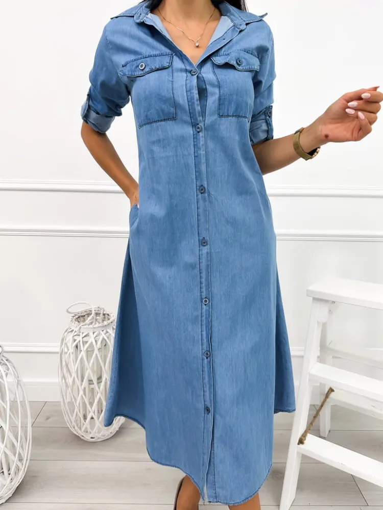 Niebieska Jeansowa Sukienka Maxi 12680-226-B|Modna Kiecka Fashion