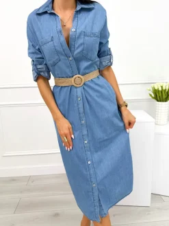 Niebieska Jeansowa Sukienka z Paskiem 12620-244-B|Modna Kiecka Discount