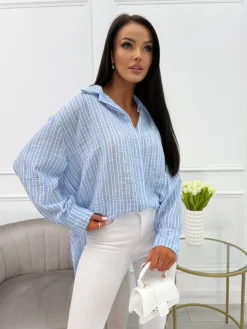 Niebieska Koszula w Paski Oversize 13948-106-B|Modna Kiecka Fashion