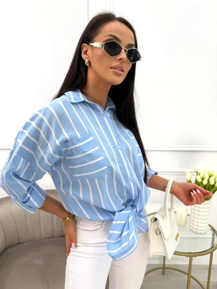 Niebieska Koszula w Paski z Kieszeniami 13841-79-A|Modna Kiecka Discount