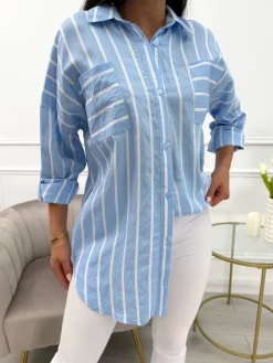 Niebieska Koszula w Paski z Kieszeniami 13841-79-A|Modna Kiecka Discount
