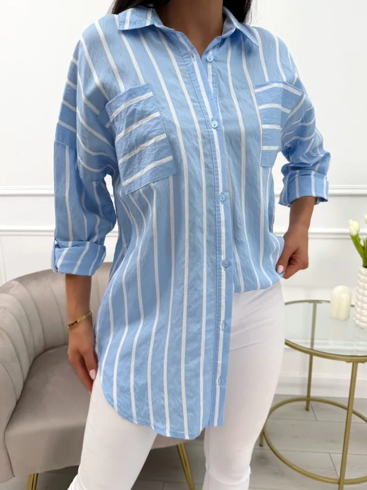 Niebieska Koszula w Paski z Kieszeniami 13841-79-A|Modna Kiecka Discount