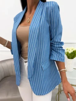 Niebieska Marynarka w Paski 13915-356-Q|Modna Kiecka New