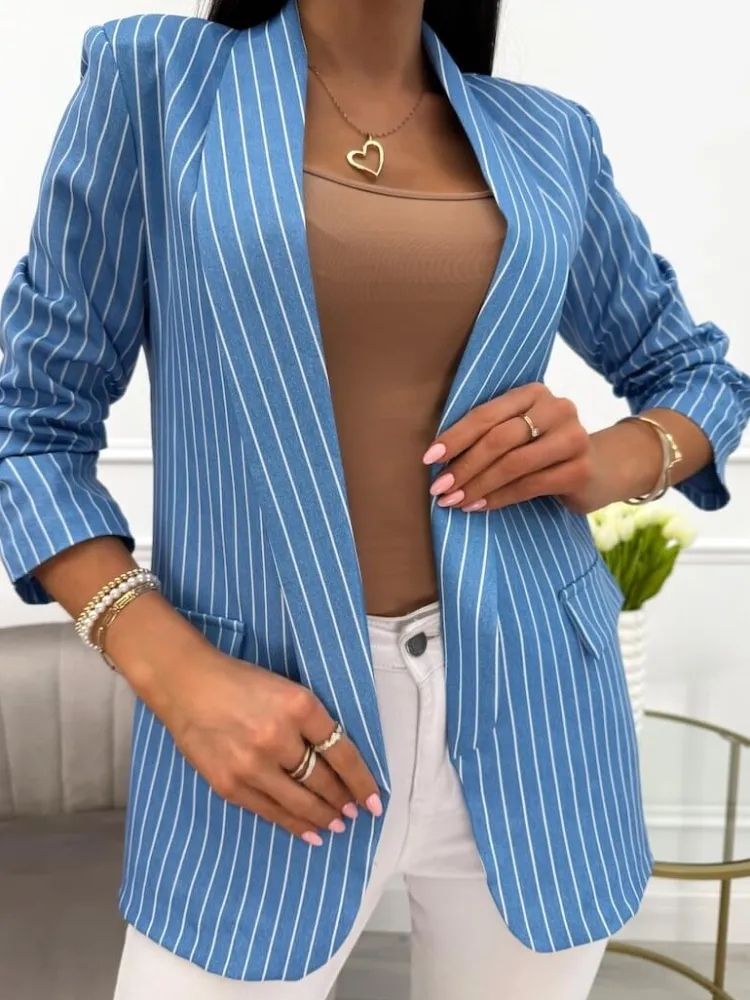 Niebieska Marynarka w Paski 13915-356-Q|Modna Kiecka New