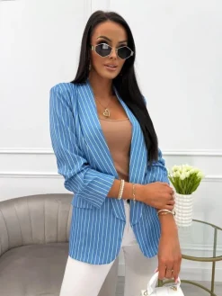 Niebieska Marynarka w Paski 13915-356-Q|Modna Kiecka New