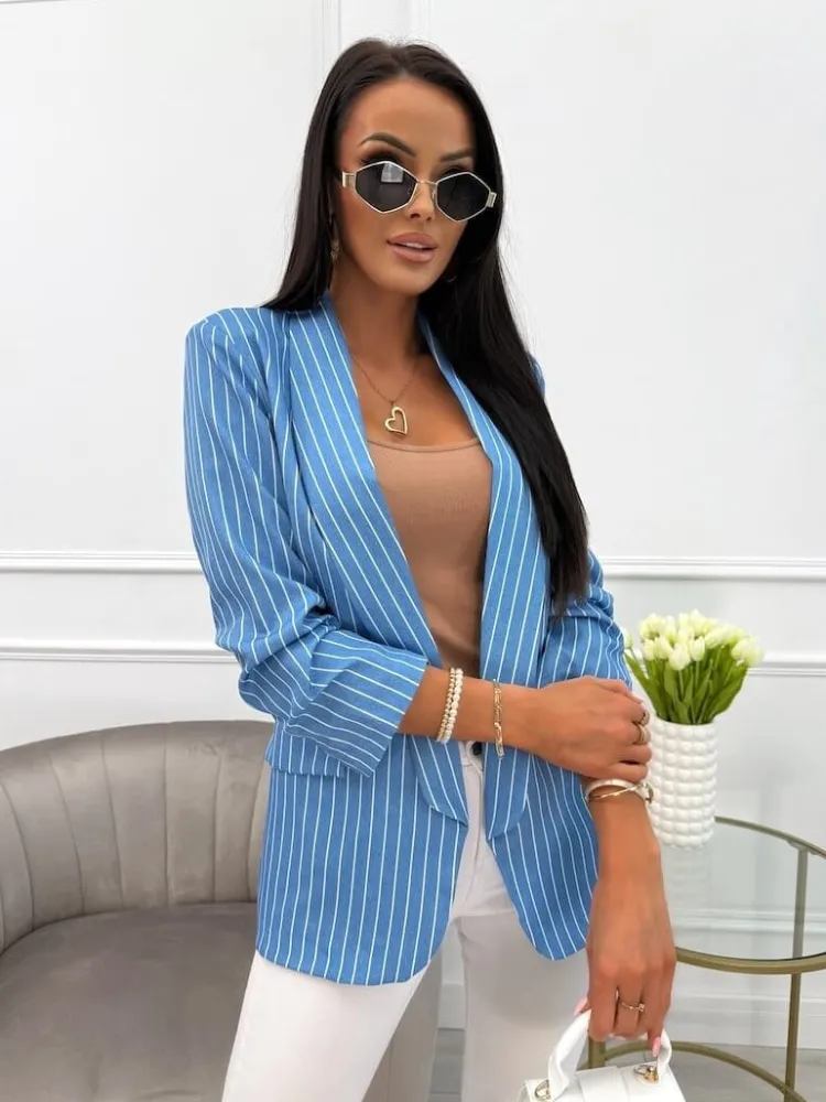 Niebieska Marynarka w Paski 13915-356-Q|Modna Kiecka New