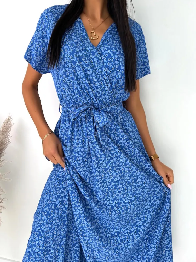 Niebieska Sukienka Maxi w Kwiaty 12080-11-B|Modna Kiecka Hot